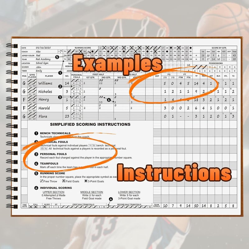 HIGHRAZON Premium Basketball Scorebook, 65 Games 15 Player Slots Basketball Score Book, 13" x 11" Hard Cover Score Keeping Book for Stats, for Coach, Family, Fan - Image 4